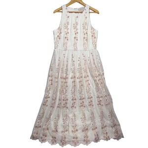 BHLDN Embroidered Parsons Tulle Maxi Dress Formal Gown White Pink US‎ 14